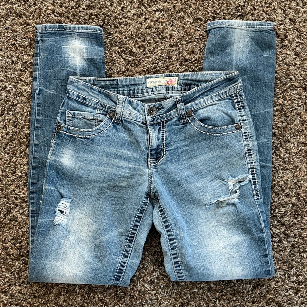 Paris Blues Light Wash Distressed Skinny Jeans, Low Rise, Size 7, 80’s Fashion